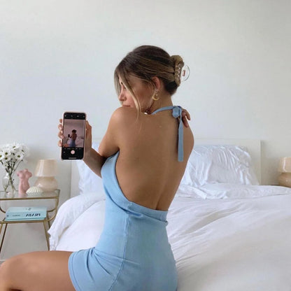 Cryptographic Halter Sexy Backless Mini Dresses Bodycon Skinny Club Party Sleeveless Knitted Dress Fall Streetwear Beach Holiday