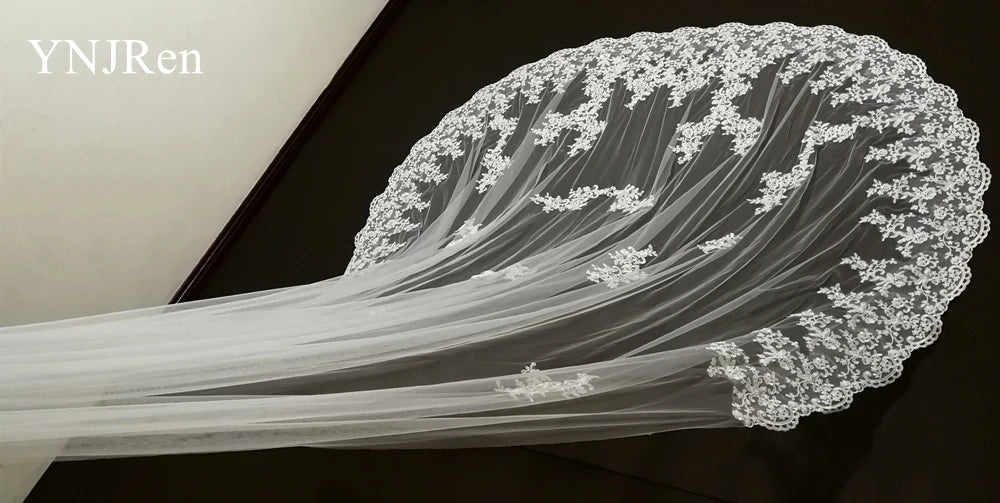 White Ivory Bridal Veil 3 m 4 m 5 m One Layer Wedding Veil With Comb Lace Bridal Veils Appliqued Cathedral Wedding Accessorie