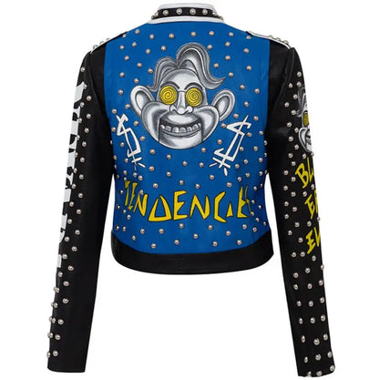 3xl women and men rivet beading pu leather jacket hit color streetstyle Graffiti outerwear letters printed leather jackets