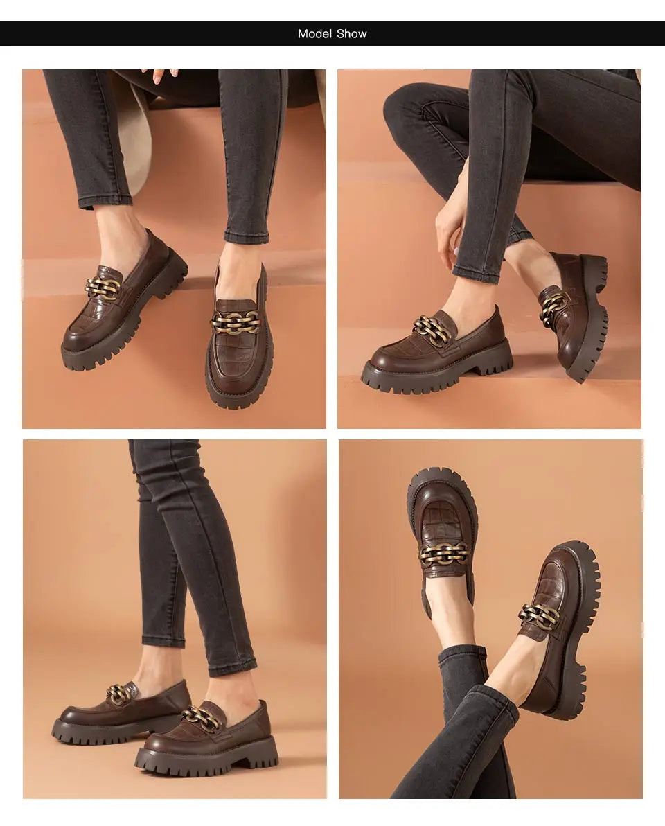 BeauToday Loafers for Women Genuine Cow Leather Round Toe Metal Chain Slip-on Ladies Platform Shoes Handmade I27748