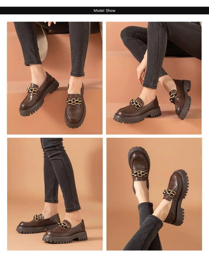 BeauToday Loafers for Women Genuine Cow Leather Round Toe Metal Chain Slip-on Ladies Platform Shoes Handmade I27748