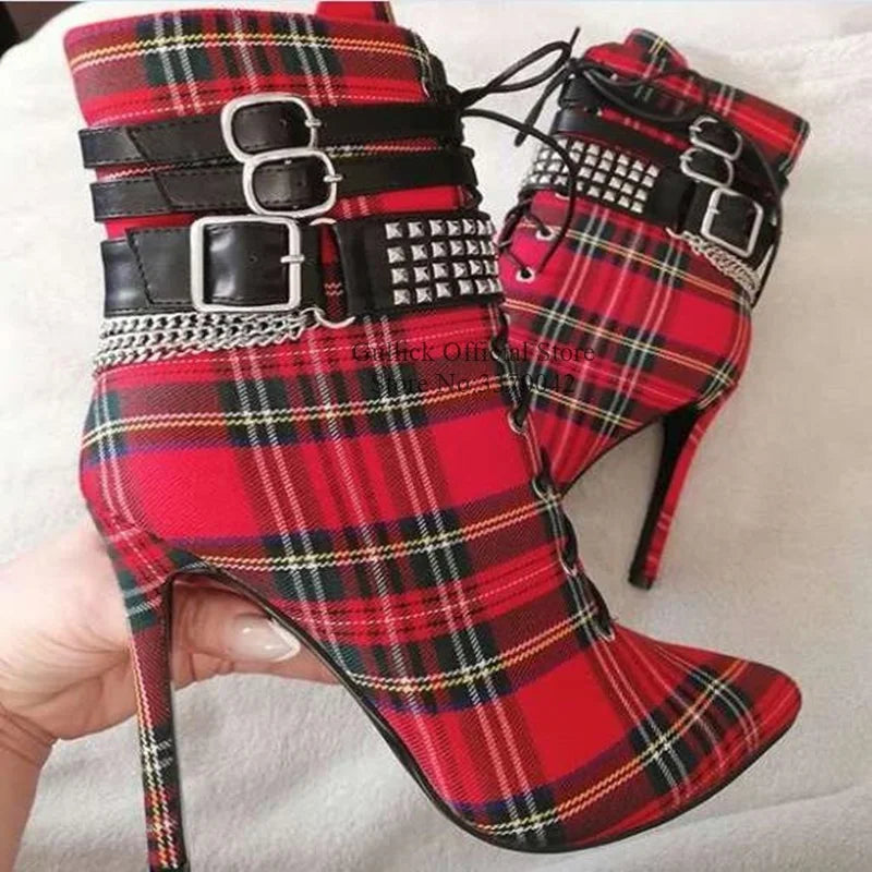 Red Plaid Cloth High Heel Ankle Boots Buckle Strap Studded Rivets Lace-up Short Bootie Pointed Toe Stiletto Heel Dress Shoes