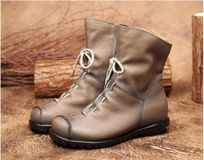 JIANBUDAN/ Genuine Leather Plush Women's Short Boots Retro Casual Autumn Winter Women's Boots Waterproof Leather Warm Snow Boots