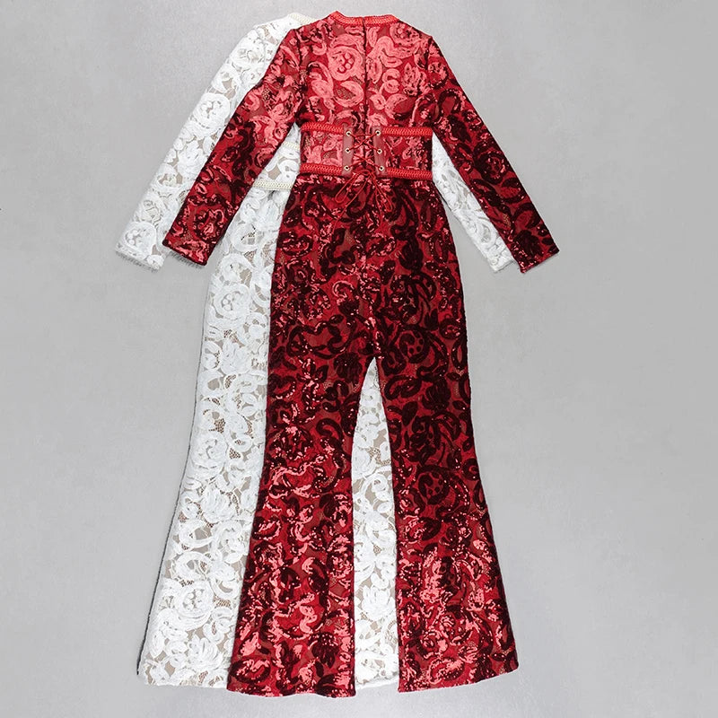 2021 Spring New Jumpsuits Hot Sale Sexy Lace Hollow Out Rompers Red Flame Pants Women's Fashion Club Street Wear