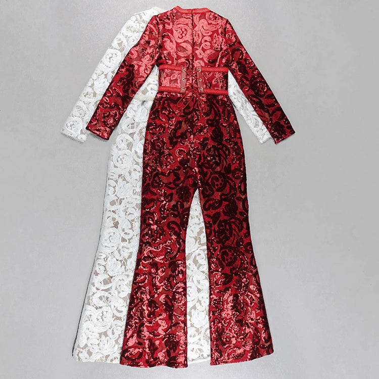2021 Spring New Jumpsuits Hot Sale Sexy Lace Hollow Out Rompers Red Flame Pants Women's Fashion Club Street Wear