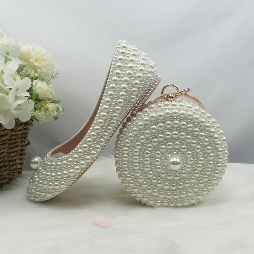 BaoYaFang White Beads Pearl Women Wedding Shoes Bride High Heels Shoes Ladies Super Big Size Party Dress Shoes Woman Pointed Toe
