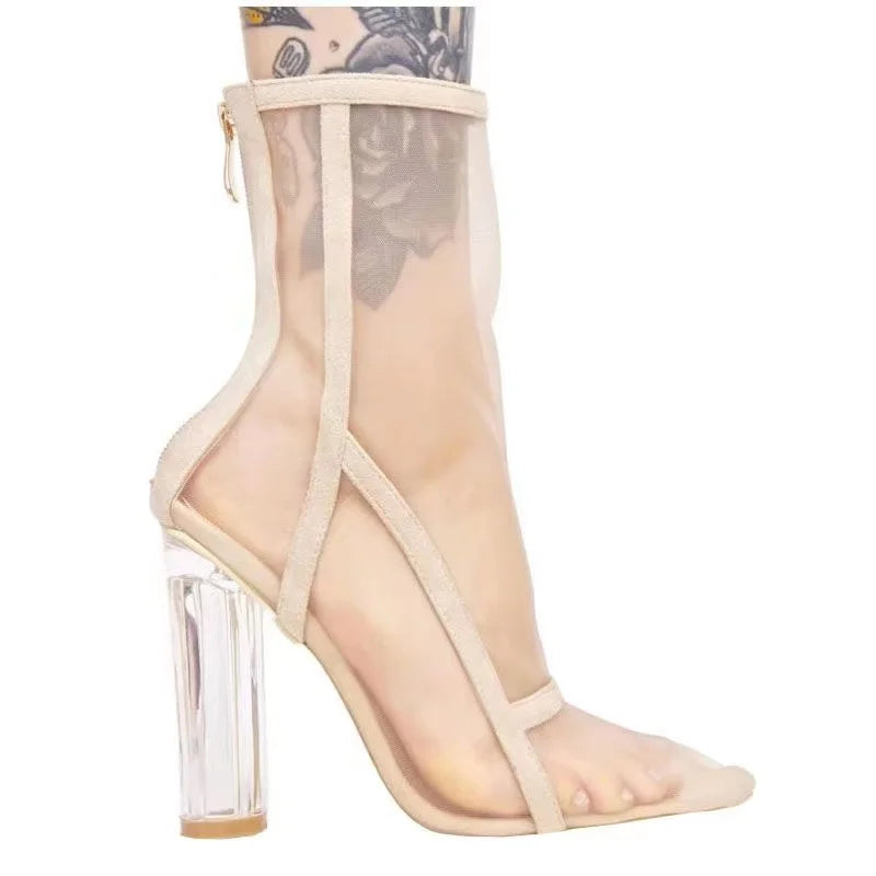 New Mesh Neon Green Sandal Boots Women Sexy Over The Knee Boots Pointed Toe High Heels Party Shoes Woman Thigh High Boots