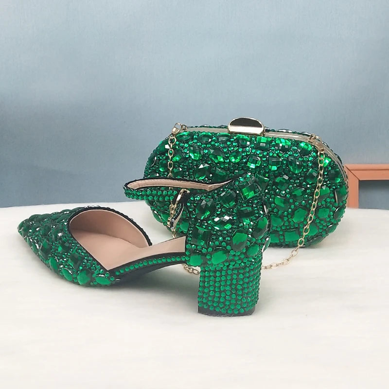 BaoYaFang 2022 NEW ARRIVE Green Crystal Wedding Shoes Woman Thin Heel Pointed Toe Bridal Party Dress Shoe Big Size High Pumps