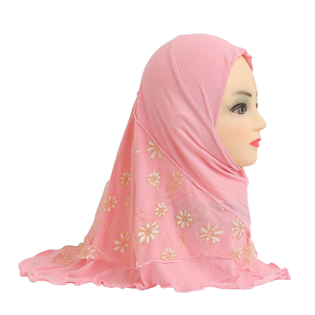 H043 beautiful small girl hijab with flower net cute hijab hats women's caps can fit 2-6 years old girls muslim baby headscarf