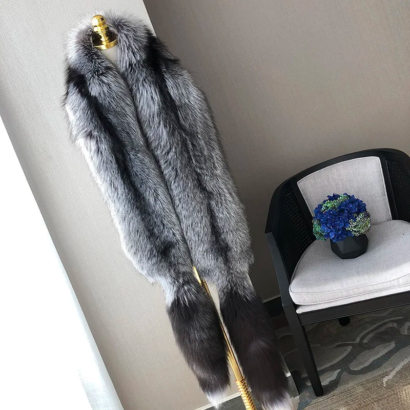 MS.Minshu Long Natural Fox Fur Scarf  Genuine Fur Boa Whole Fox Stole with Tails