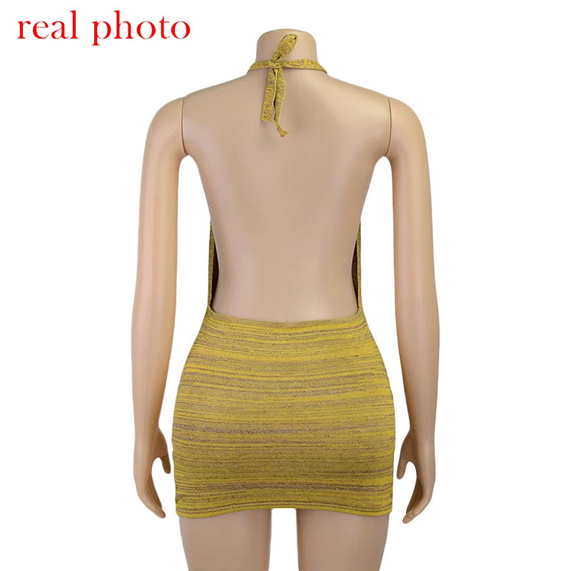 Cryptographic Halter Sexy Backless Mini Dresses Bodycon Skinny Club Party Sleeveless Knitted Dress Fall Streetwear Beach Holiday