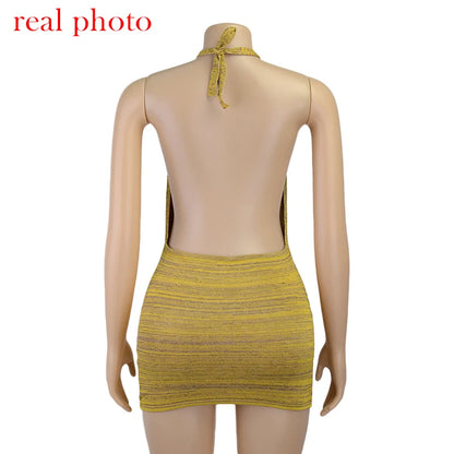 Cryptographic Halter Sexy Backless Mini Dresses Bodycon Skinny Club Party Sleeveless Knitted Dress Fall Streetwear Beach Holiday
