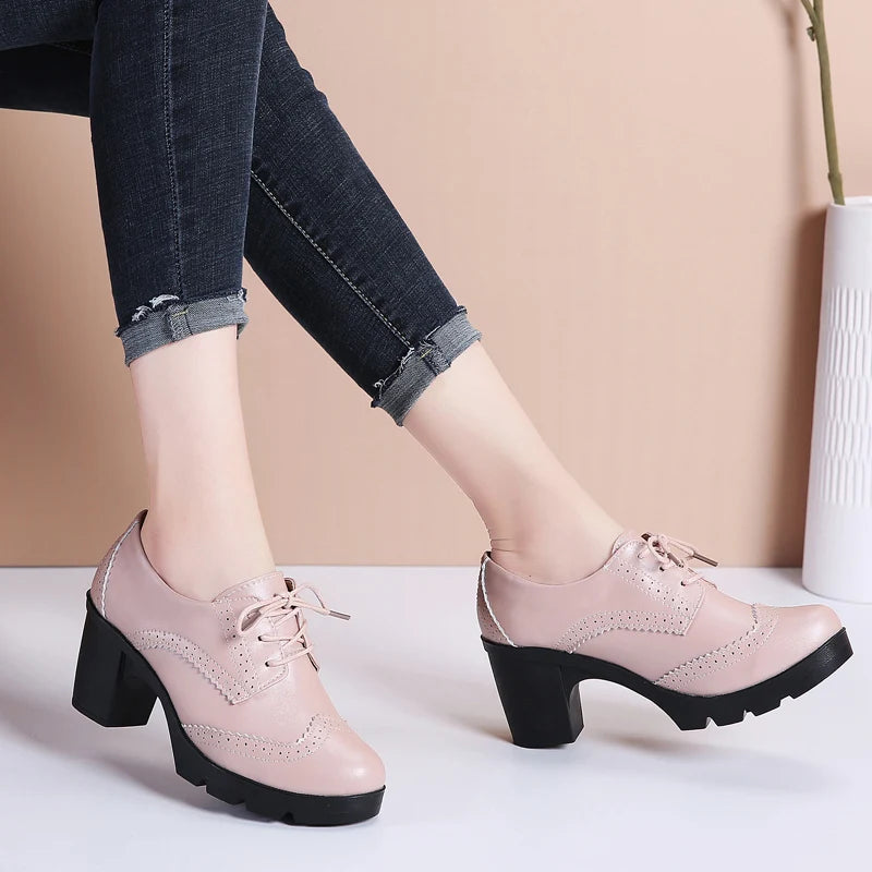 EOFK Women Brogue Shoes New Quaity High Square Heel Derby Genuine Leather High Heels Wedge Shoes Woman Female Shoes Pumps Casual