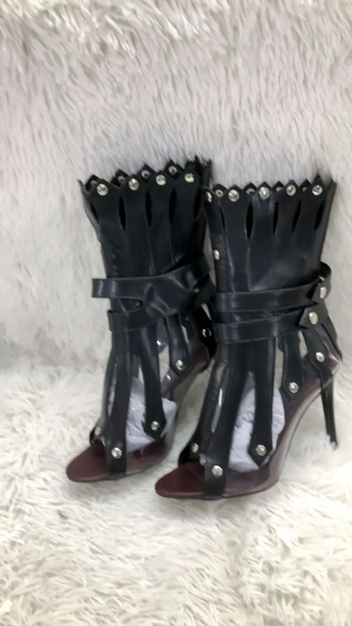 Sexy Vertical Shape Stiletto Heel Ankle Boots Peep Toe Metal Heels Studded Strappy Sandals Red White Black Runway Boot Shoes