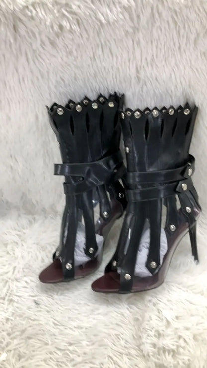 Sexy Vertical Shape Stiletto Heel Ankle Boots Peep Toe Metal Heels Studded Strappy Sandals Red White Black Runway Boot Shoes
