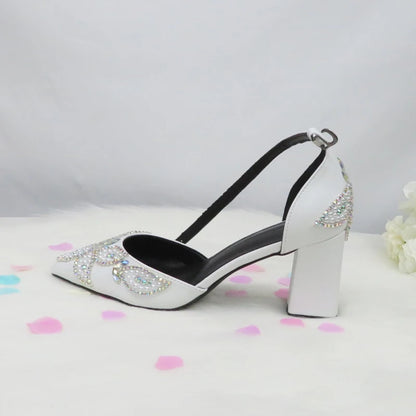 BaoYaFang White Beads Pearl wedding shoes Bride Pointed Toe Square Thick High Heel Party dress shoes and bag set Ankle Strap