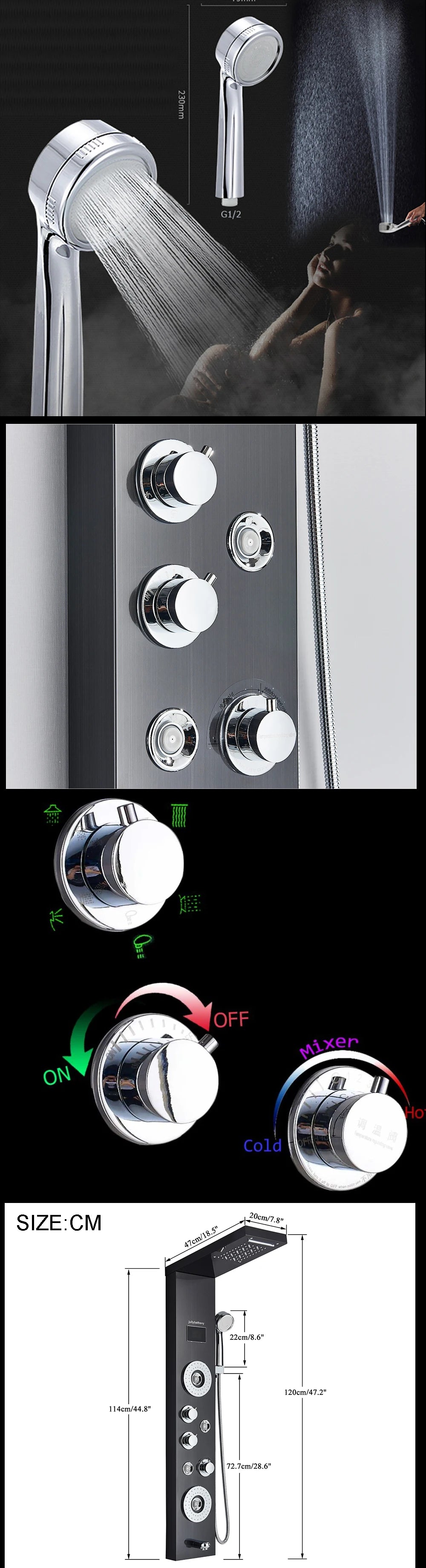 LED Light Shower Panel Waterfall Rain Digital Display Shower Faucet Set SPA Massage Jet Bathroom Column Mixer Tap Tower System
