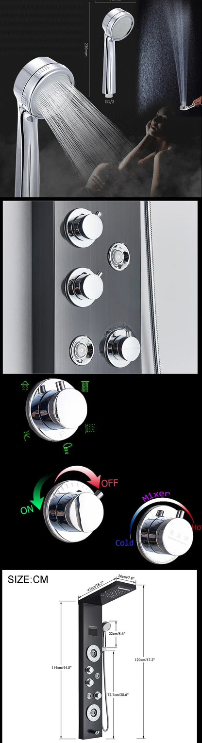 LED Light Shower Panel Waterfall Rain Digital Display Shower Faucet Set SPA Massage Jet Bathroom Column Mixer Tap Tower System