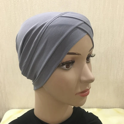 H117 Forehead criss Cross Muslim Turban Pure Color Stretch Inner Hijabs For Caps Ready To Wear Women Head Scarf Under Bonnet