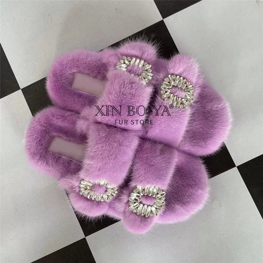 Winter Fur Slippers Women 2024 Flat Real Fur Mink Slippers Warm Soft Indoor Women Fur Slippers Luxury Designer Female Shoes