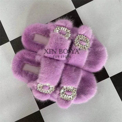 Winter Fur Slippers Women 2024 Flat Real Fur Mink Slippers Warm Soft Indoor Women Fur Slippers Luxury Designer Female Shoes