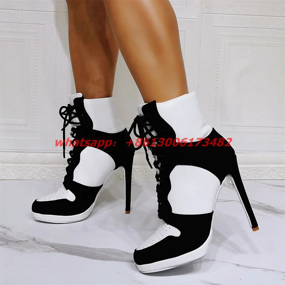 Lace Up High Top High Heel Sport Boots Size 47 Sporty Style Woman High Heel Lace-Up Short Boot High Heel Woman Sport Ankle Boots