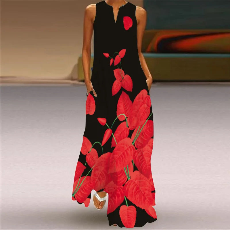 Sexy V-neck Sleeveless Dress For Women Summer Fashion Sundress Retro Print Long Dresses With Pocket Maxi Dress Femme Vestidos