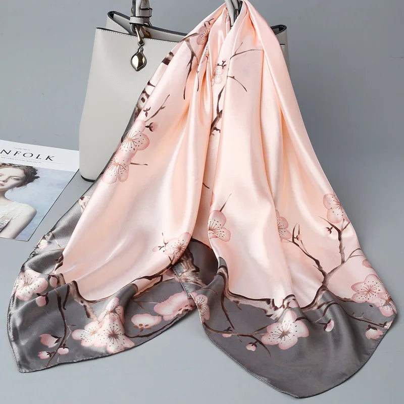 Wholesale Fashion Floral Print Kerchief Silk Satin Shawls and Wraps Hijab Scarfs Female 90cm*90cm Square Bag Scarves For Ladies