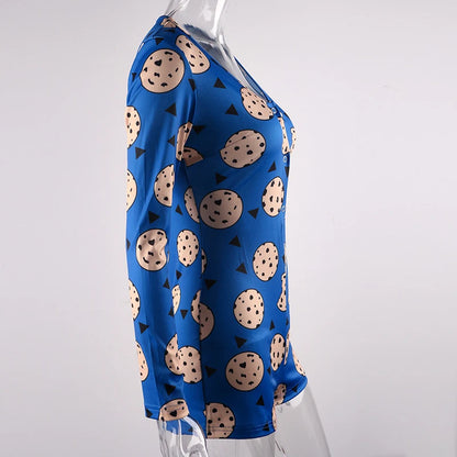 Cartoon Cookies Printed Women Sexy Oneies Bodycon Jumpsuit Romper Long Sleeve HomeWear Tracksuit Playsuit Pajama Onesies