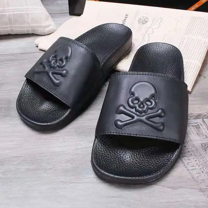 Summer Fashion Men's Leather Slippers Couple Beach Shoes Skull Sandals Slippers Antiskid Open Toe Flip Flops Big Size Slides