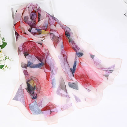 Women Foulard Chiffon Georgette Bandana Scarf Tree Leaf Print Long Shawl Summer Wrap Lady Elegant Thin breathable