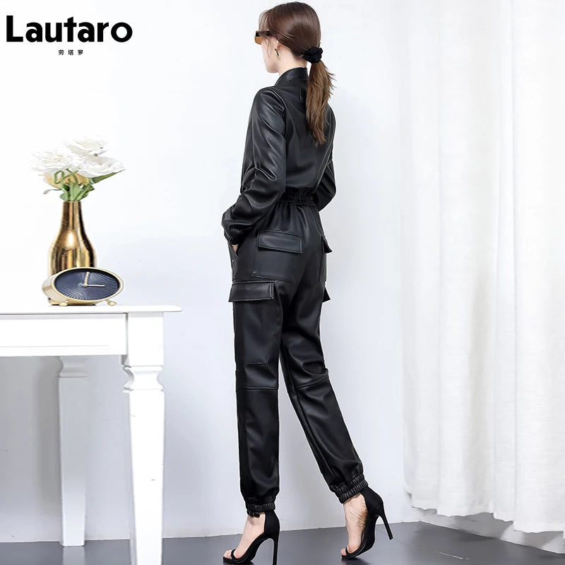 Lautaro Spring Long Black Soft Faux Leather Jumpsuit Women Long Sleeve Zipper Jumpsuits for Women Womens Fall Fashion 2021