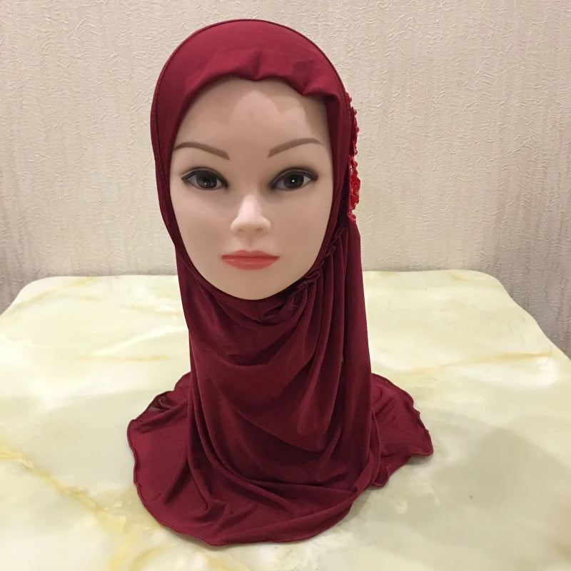 H081 beautiful small girl hijab with flowers cute hijab hats women's caps can fit 2-6 years old girls