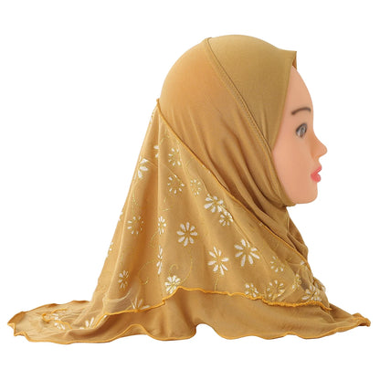 H043 beautiful small girl hijab with flower net cute hijab hats women's caps can fit 2-6 years old girls muslim baby headscarf