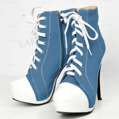 LAIGZEM Canvas Botines Mujer Women Platform Booties High Heel Side Zip Short Ankle Boots Shoes Woman Ladies Large Size 34 42 452