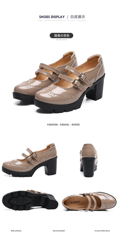 EOFK Women Pumps Shoes Genuine Leather New Mary Jane High Heels Shinny Patent Woman Ladies Shoes Pumps Brogue High Square Heel