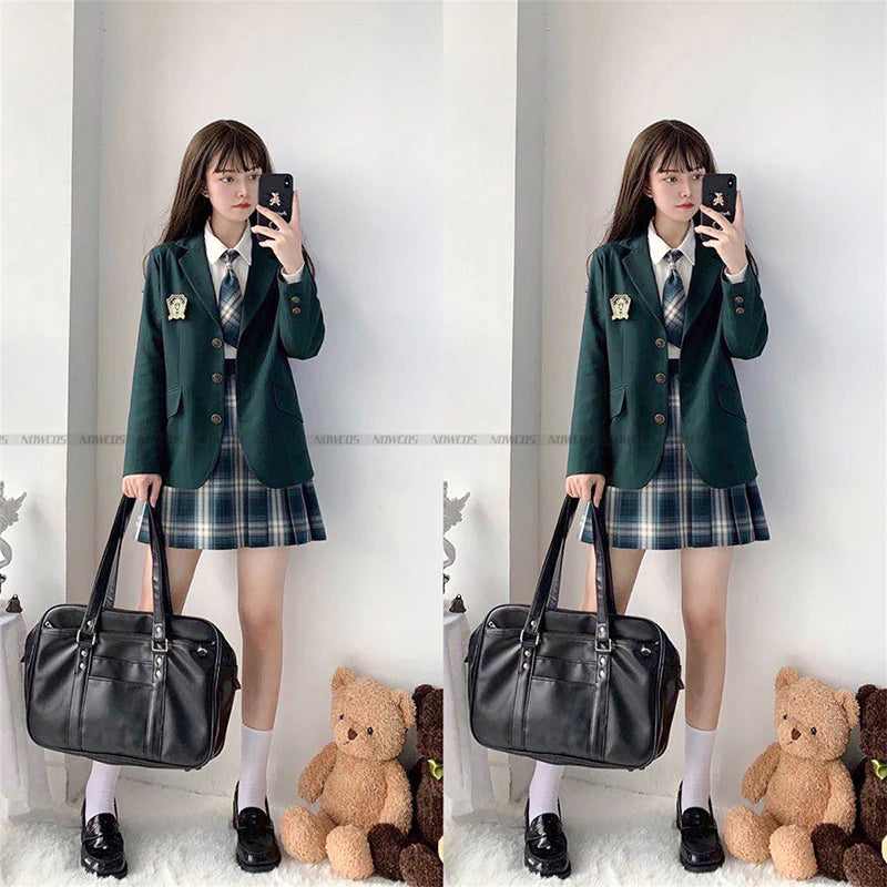 2024 Fashion Spring Autumn JK Uniform Jacket Three Buttons Suit Jacket College Style Female Student Suit Long Sleeves Green