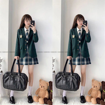 2024 Fashion Spring Autumn JK Uniform Jacket Three Buttons Suit Jacket College Style Female Student Suit Long Sleeves Green