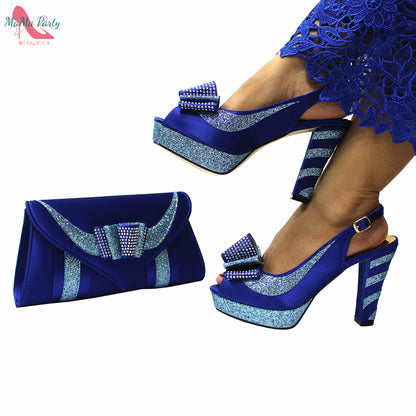 2024 High Quality Fashion Nigerian Women Shoes Matching Bag Set in Royal Blue Color Specials Design with Appliques for Party
