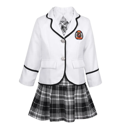 Kids Girls British Style School Uniforms Student Cosplay Anime Costume Suit Long Sleeve Coat With Shirt Tie Mini Skirt Set 4Pcs