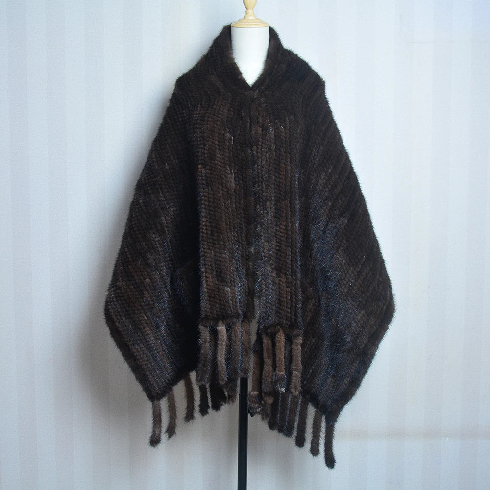 2026 New Women Genuine Knitted Mink Fur Showl Scarf Lady 100%Natural Real Mink Fur Shawl With Tassel Fashion Mink Fur Ponchos