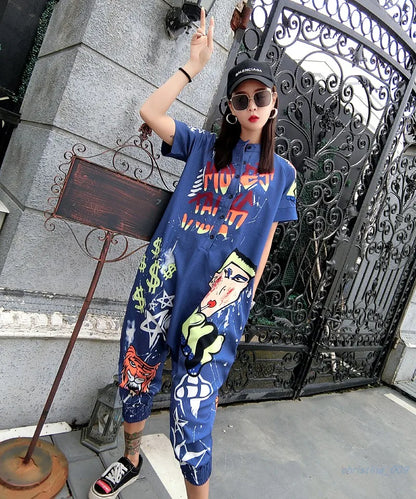 New Women Cartoon Graffiti Printing One Piece Overalls Mandarin Collar Short Sleeve Jumpsuit Hip Hop Design Rompers Baggy Pants