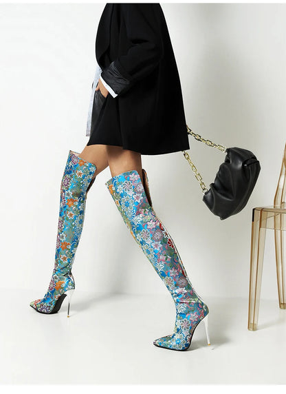 Western Embroidery Style Pointed Toe Over-The-Knee Women's Boots Ethnic Style Patterned Ultra-High Crystal Stiletto Long Boots