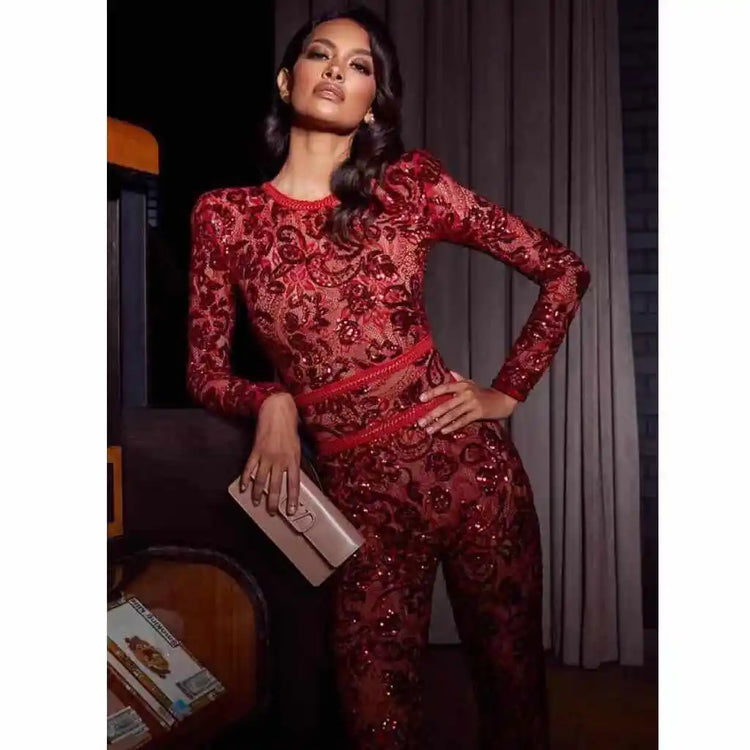 2021 Spring New Jumpsuits Hot Sale Sexy Lace Hollow Out Rompers Red Flame Pants Women's Fashion Club Street Wear