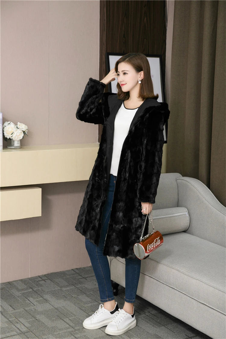 Luxury Lady Genuine real natural mink fur coat with hood women's long fashion warm winter waistcoats jacket custom any size