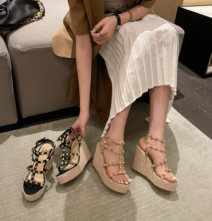 Rivet Wedges Women Sandals Open Toe Ankle Buckle Strap Ladies Platform Wedges Sandals High Heels Roman Rattan Grass Woven Shoes