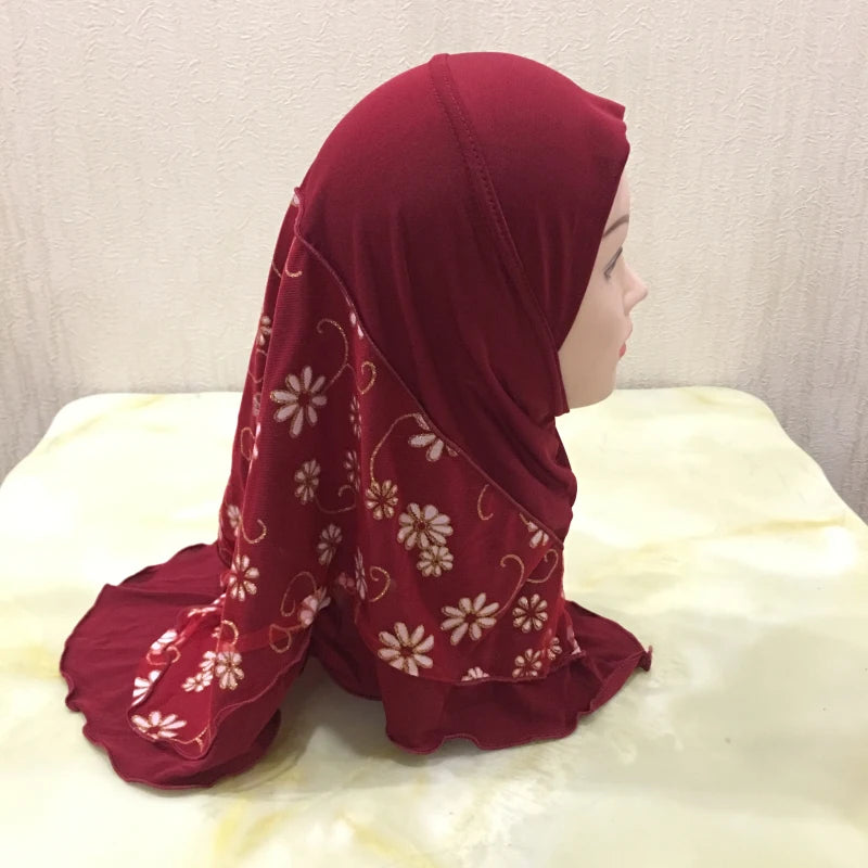H043 beautiful small girl hijab with flower net cute hijab hats women's caps can fit 2-6 years old girls muslim baby headscarf