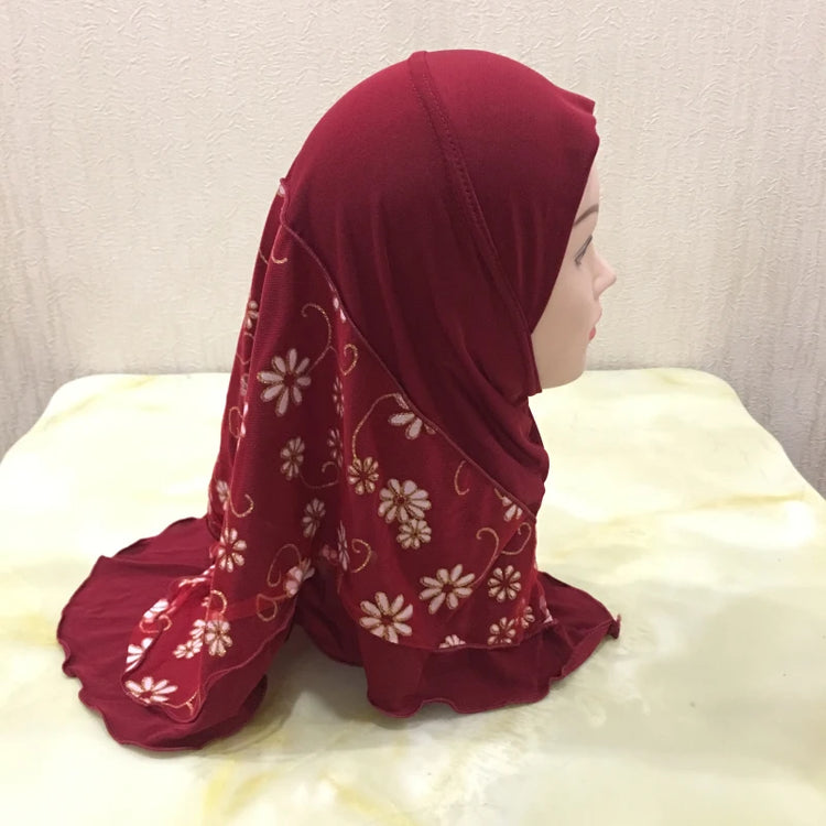 H043 beautiful small girl hijab with flower net cute hijab hats women's caps can fit 2-6 years old girls muslim baby headscarf