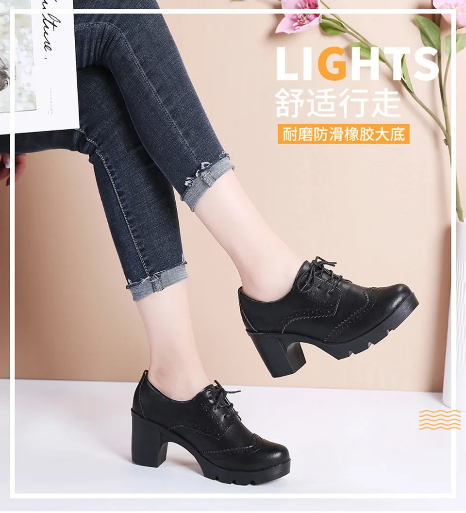 EOFK Women Brogue Shoes New Quaity High Square Heel Derby Genuine Leather High Heels Wedge Shoes Woman Female Shoes Pumps Casual