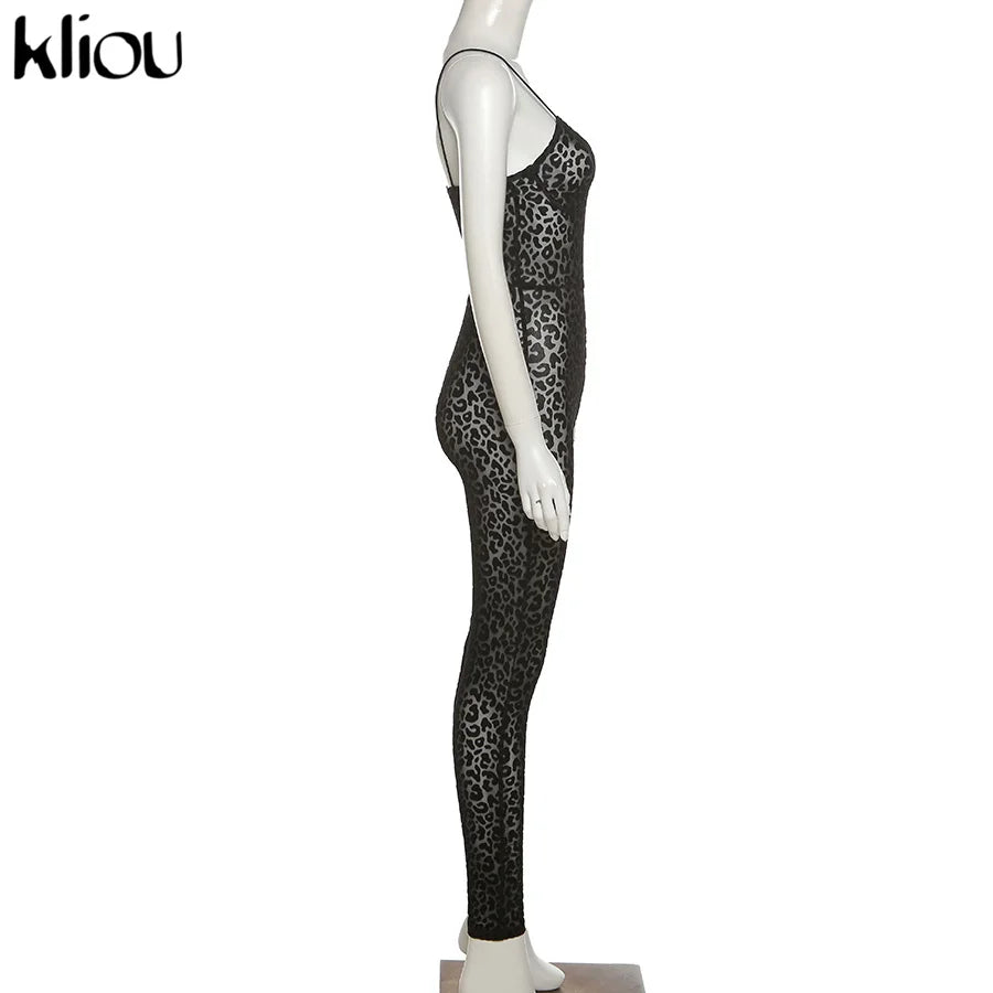 Kliou Flocking Mesh Jumpsuit Women Autumn Sexy Camis Leopard Patchwork Body-Shaping One Piece Clothing Midnight Attire Clubwear